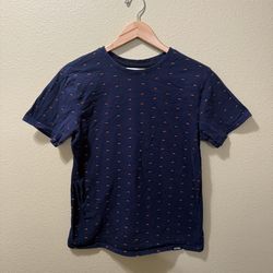 Men’s Small Ezekiel Navy Blue Geometric Orange Triangles Y2K 90s Print Shirt