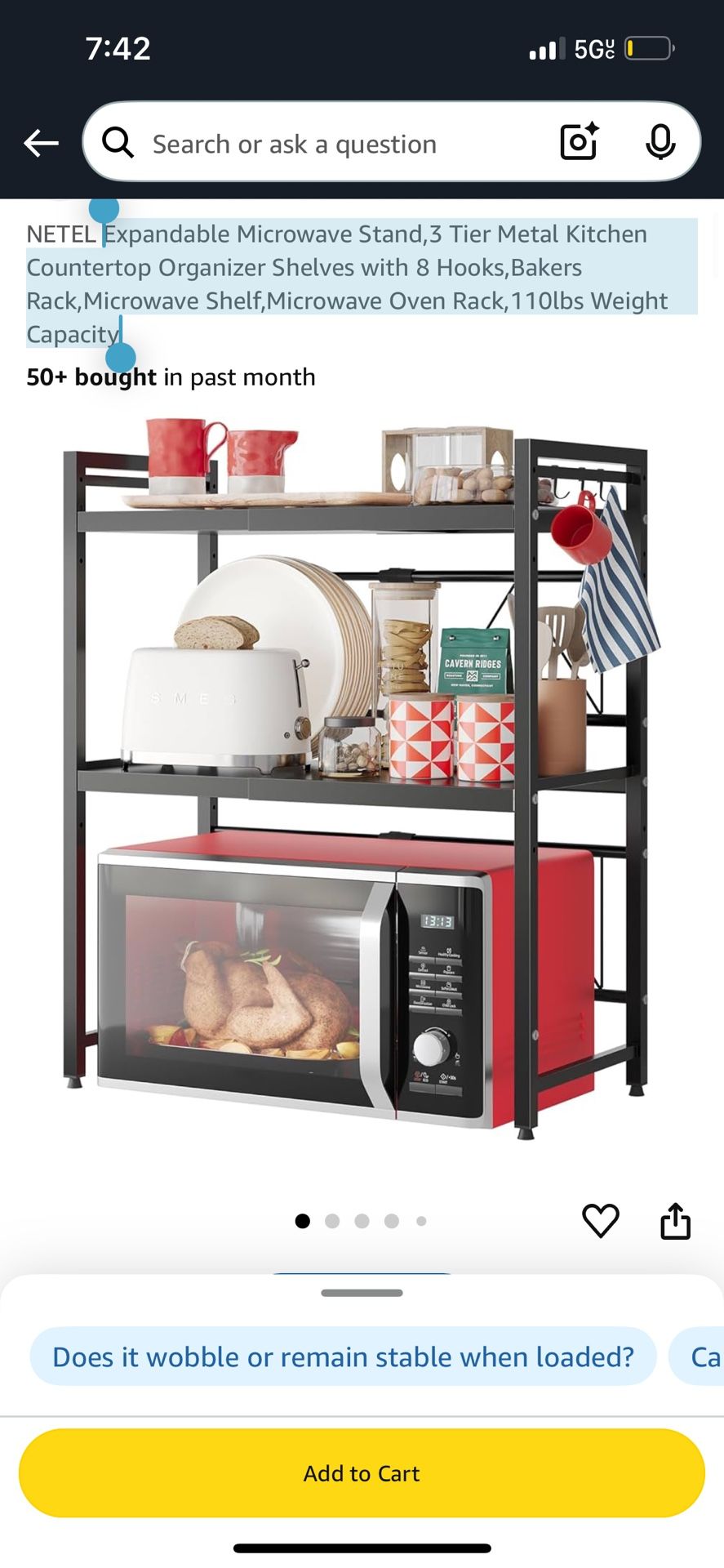 Expandable Microwave Stand,3 Tier Metal Kitchen Countertop Organizer Shelves with 8 Hooks,Bakers Rack,Microwave Shelf,Microwave Oven Rack,110lbs Weigh