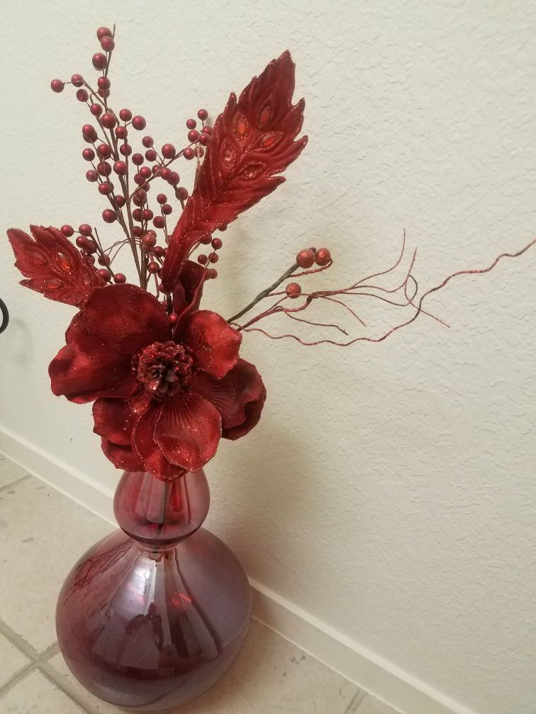 Table top red decor vase silk flowers