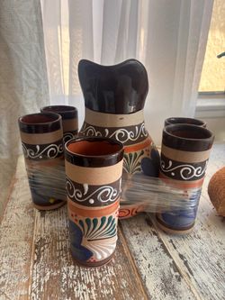 Mexican Hand-Painted Ceramic Pitcher and Cups Set