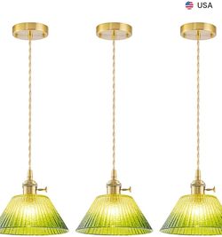 3 Adjustable Brass Pendant Light Fixtures with Gradient Green Glass Shade 7.48" W