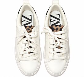 Zara White Sneakers Leopard Print Accent EU 38