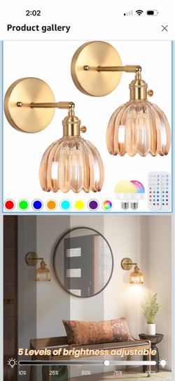 Vintage Wall Sconce Set of Two, Battery Operated Wall Sconce with Amber Tulip Glass Lampshade Rechargeable Wall Light with Remote Control for Bedroom,