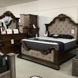 Maylee Dark Brown Upholstered Bedroom Set Bed, Dresser, Mirror, Nightstand, Chest 