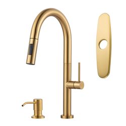 Single Handle Pull-Down Sprayer Kitchen Faucet withe Deckplate and Soap Dispenser in Gold