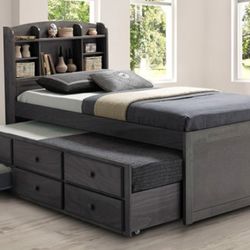 Brand New Grey Twin Size Bed Frame w Trundle Bed + Drawers