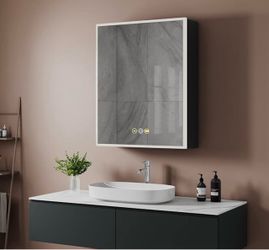 Tunuo Black Medicine Cabinets for Bathroom with Mirror, 24"W × 30"H Surface Wall Mounted LED Medicine Cabinet with Lights, Defogger, Dimmer, Outlets &