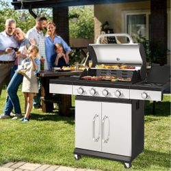 4+1 Burner Gas BBQ Grill – Stainless Steel with Side Burner & Double-Layer Lid