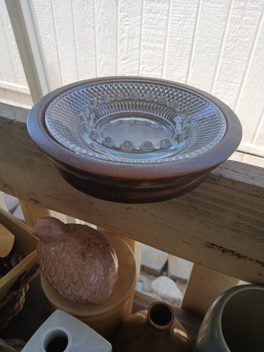 Vintage Glass Ashtray with Wood Holder