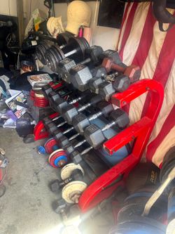 Dumbbell, Olympic weights, pig iron,, squat rack, medicine balls, kettle bell