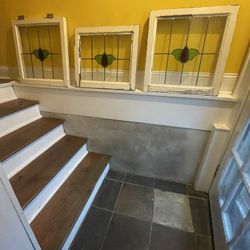 3 Matching Antique Stained Glass Windows. 