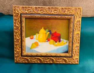 Beautiful hand painted oil painting with stunning carved solid wood antique gold/black frame