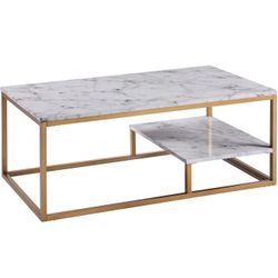 Modern Marble-Look Coffee Table with Shelf, Marble/Brass 