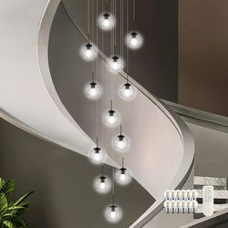 12-Light Black Mid Century Modern Chandelier for Living Room Staircase Chandelier for Entryway Clear Globe Glass Chandelier High Ceiling Chandeliers F