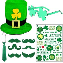 St Patricks Day Accessories for Women St Pattys Accessories Decorations Party Favor Packs Bulk Hat Green Beard Tie Glasses Tattoo Stickers