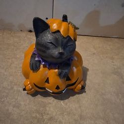 Black Cat in Pumpkin Halloween Figurine — Fall Decor