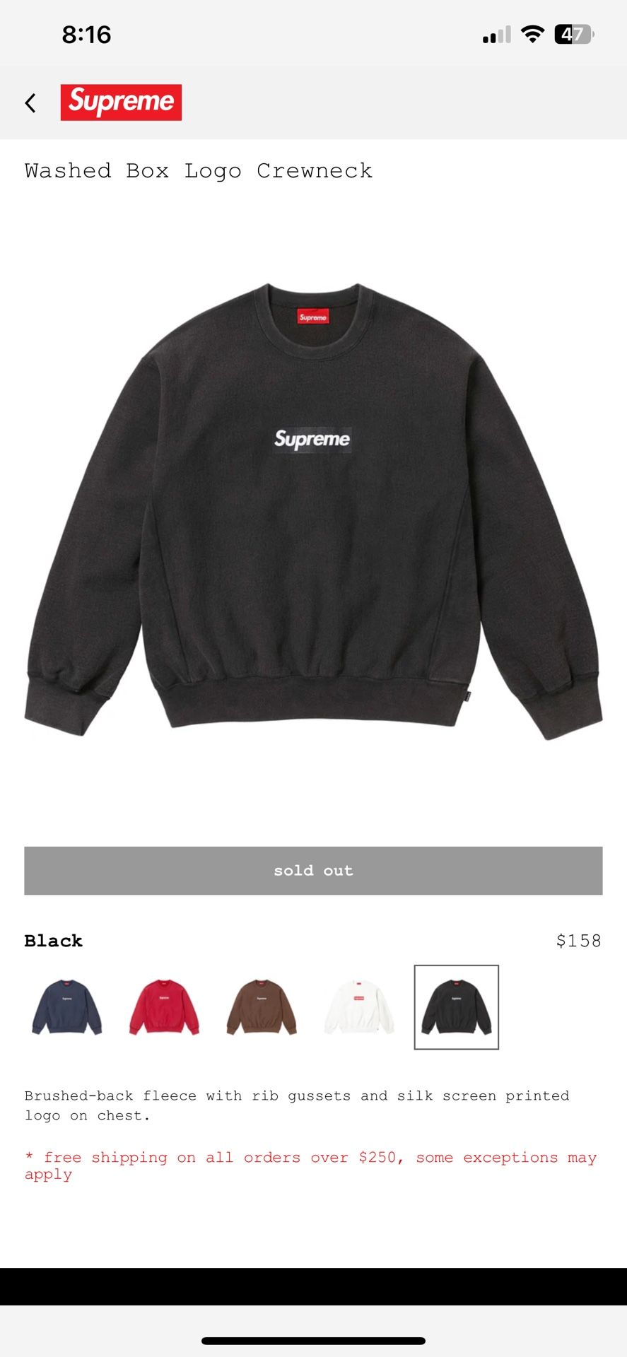 Supreme Washed Box Logo Crewneck Black Size M SS25