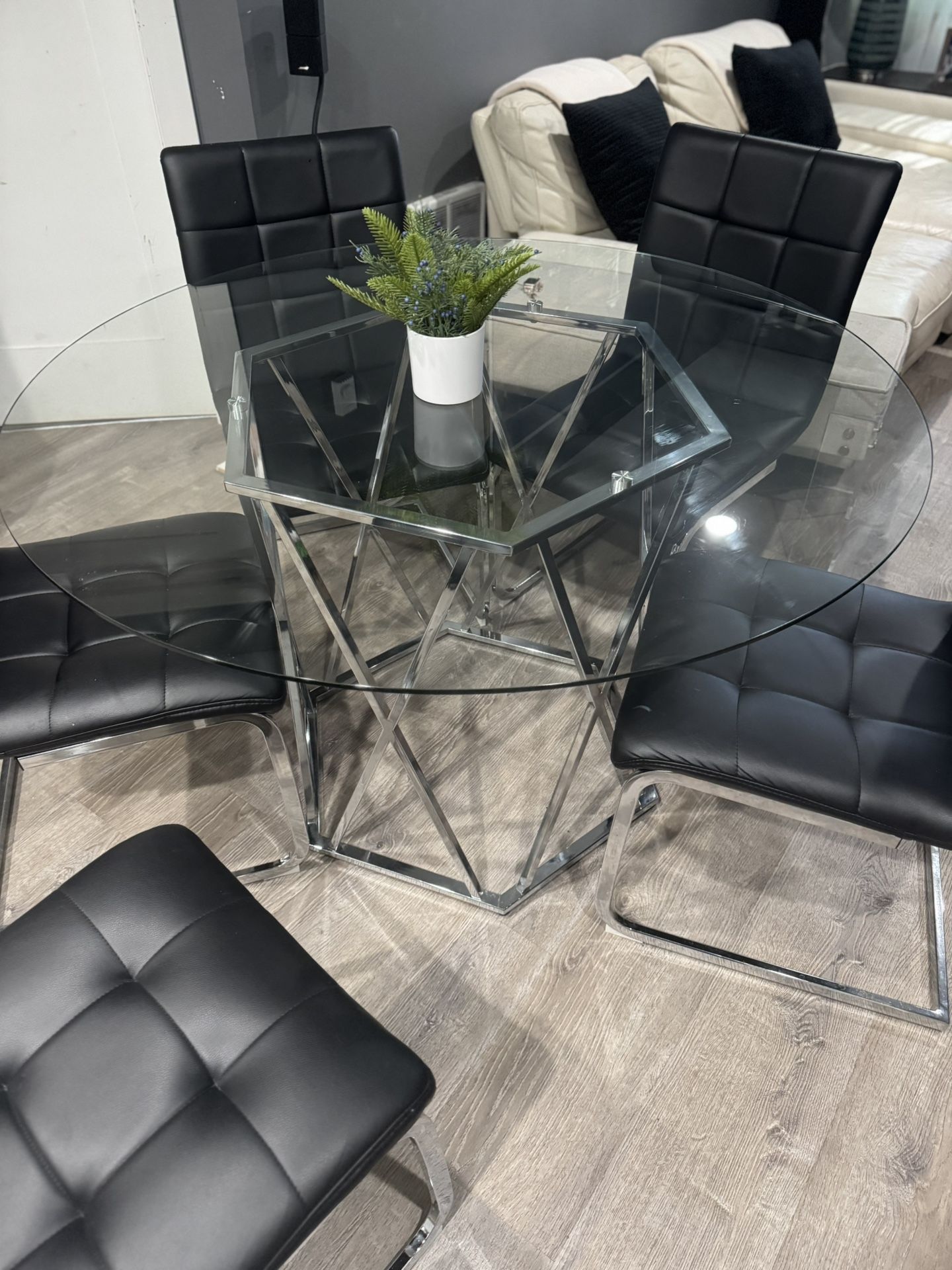 Modern metal and leather glass table set