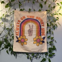 Always on the bright side tapestry peace sign rainbow wall home decor flower