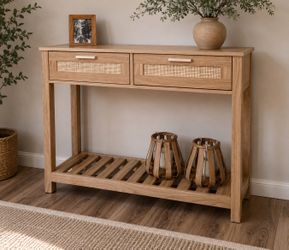 Rattan Console Table Modern Entryway Table Narrow Foyer Sofa Tables with 2 Drawers and Bottom Storage Shelf Small Behind Couch Table for Entryway,Hall