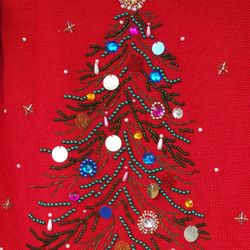 Vtg Studio Collection Christmas Tree Beaded Red Cowl Ugly Sweater Women Sz medium