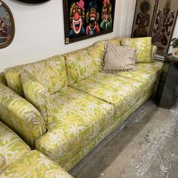 Vintage Yellow And Lime Green Floral/Bamboo Couch Sofa Loveseat Set With 2 Pillows Great For A Sunroom!