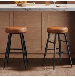 Bar Stools Set of 2. Kitchen Counter Stools, 24.8-Inch Tall Breakfast Stools, PU Leather with Stitching, Transitional, Home Bar,