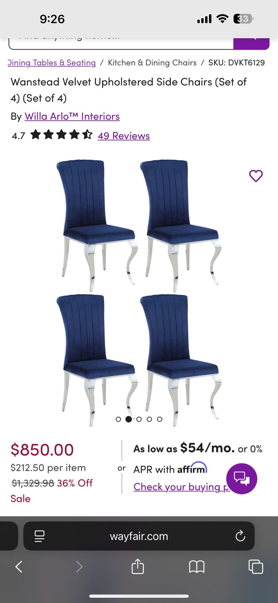 4 Dinning Chair Dark Blue Velvet