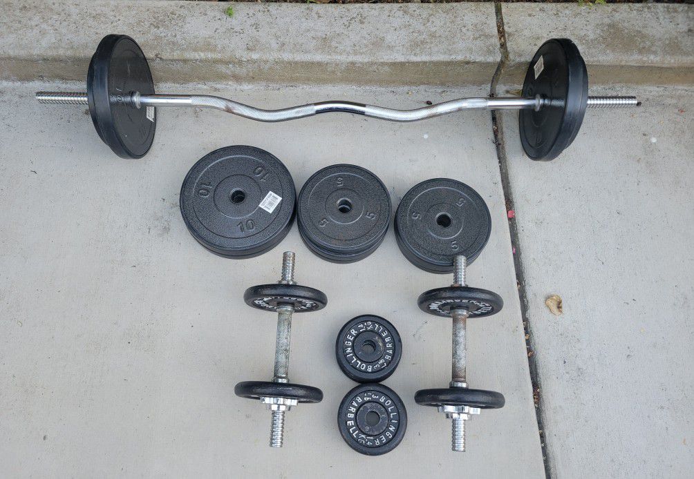 Standard Curl Bar and 100lbs Weights 