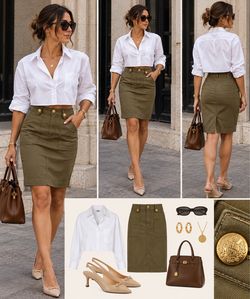 Lauren Ralph Lauren Olive Military Pencil Skirt Gold Crest Buttons Size 8
