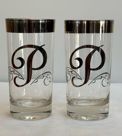 Set/2 Mid-Century Monogram "P" Platinum Highball Glasses