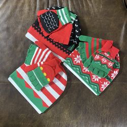Lot or Bundle of Hats and Gloves adult size Christmas winter cozy red green