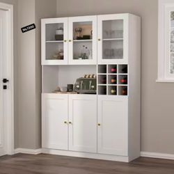 Large Kitchen Hutch Cabinet, Storage Pantry Cupboard with Acrylic Doors, Drawers, Wine Rack & Countertop, Kitchen Utility Buffet Storage, White 