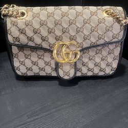 Gucci GG Marmont Flap Bag Diagonal Quilted GG Canvas With Leather 
