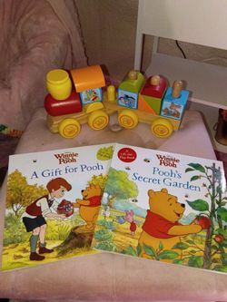 BUNDLE Winnie the Pooh Books and Wooden Train Set