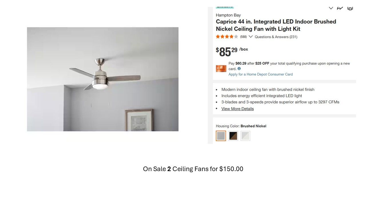 Hampton Bay 44" Brushed Nickel Ceiling Fans (2 Pack) – Brand New