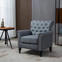 Mid-Century Modern Accent Chair, Linen Armchair with Tufted Back and Wood Legs, Gray