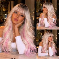 Long Wavy Blonde Pink Highlight Wig with Bangs