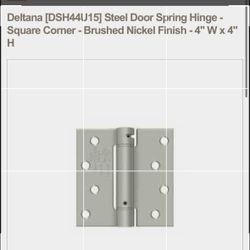 BNIB Deltana [DSH44U15] Steel Door Spring Hinge - Square Corner - Brushed Nickel Finish - 4" W x 4" H
