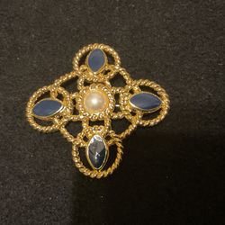 Goldtone Brooch With Metallic Blue Stones & Center Pearl,by AK