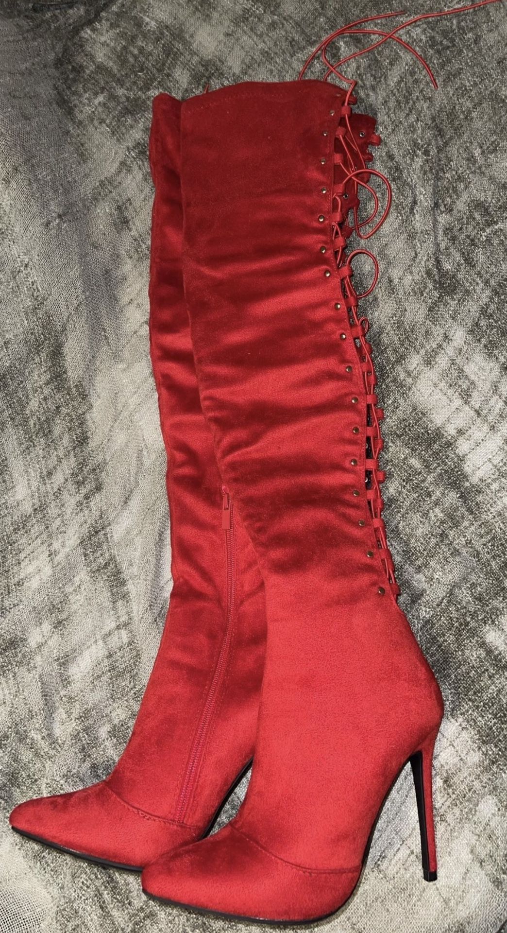 Red Thigh High Velvet Boots
