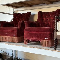 Pair Of Antique Red Velvet Tufted Chairs 