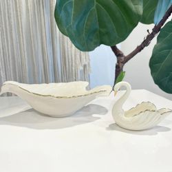 Vintage Lenox Gold Trim Swan Bowl Set 2 Candy Dish Tray Porcelain Ceramic Bowls