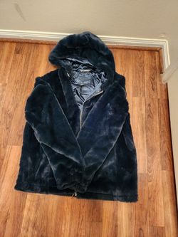 Navy Blue Faux Fur Hooded Zip Jacket Lage size.