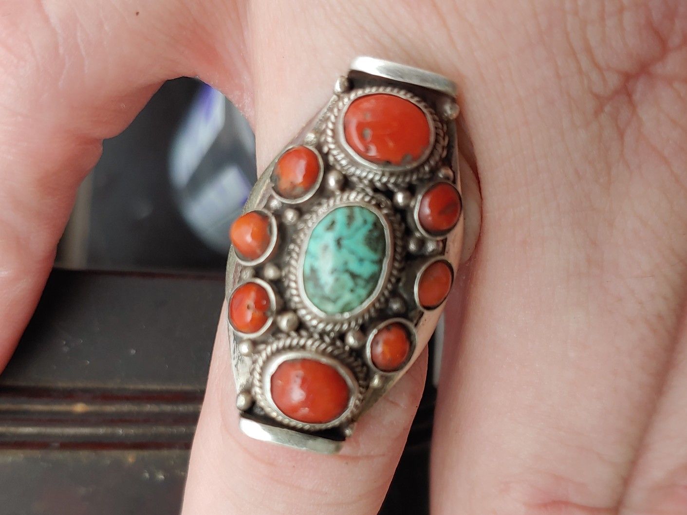 Unisex Navajo Ring Solid 925 Silver Turquoise and Coral !