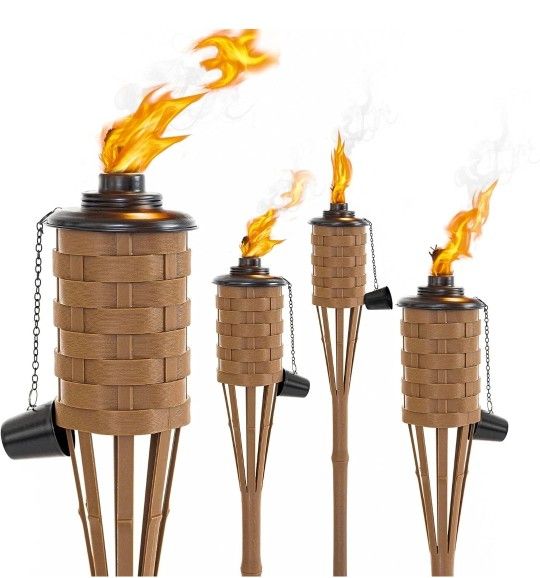 Citronella Torches (Brown Color, 4pack); Bamboo Torch, Perfect for Outdoor Lighting, Luau, Summer Parties, and Garden Decor 60" Tall