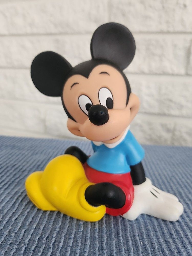 Vintage Disney Sitting Mickey Mouse Rubber Plastic Coin Bank w/ Stopper