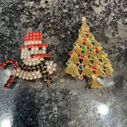 Vintage Holiday Christmas Snowman Tree Brooches Lot of 2