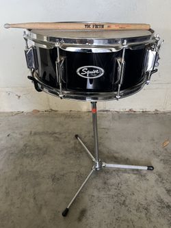 Snare drum, fender squire  w stand & vic firth sticks, cymbal