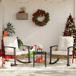 226 3-Piece Outdoor Rocking Bistro Set, Patio Furniture Set with Coffee Table and Thick Cushions, Wicker Rocking Chairs Set of 2 for Garden, Balcony, 